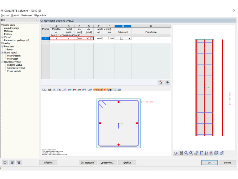 Navržená výztuž stanovená pomocí RF-CONCRETE Columns