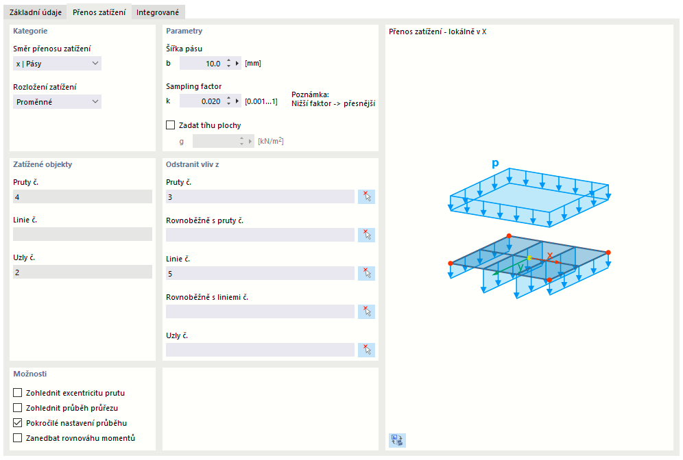 Definování parametrů plochy přenosu zatížení