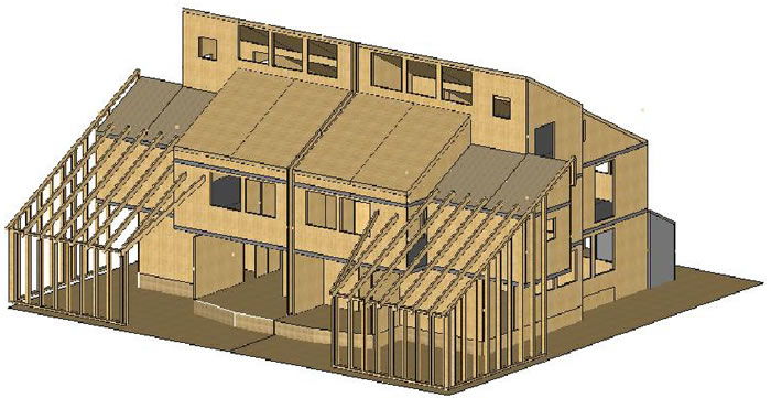 Konstrukční návrh poloviny dvojdomku z masivního dřeva