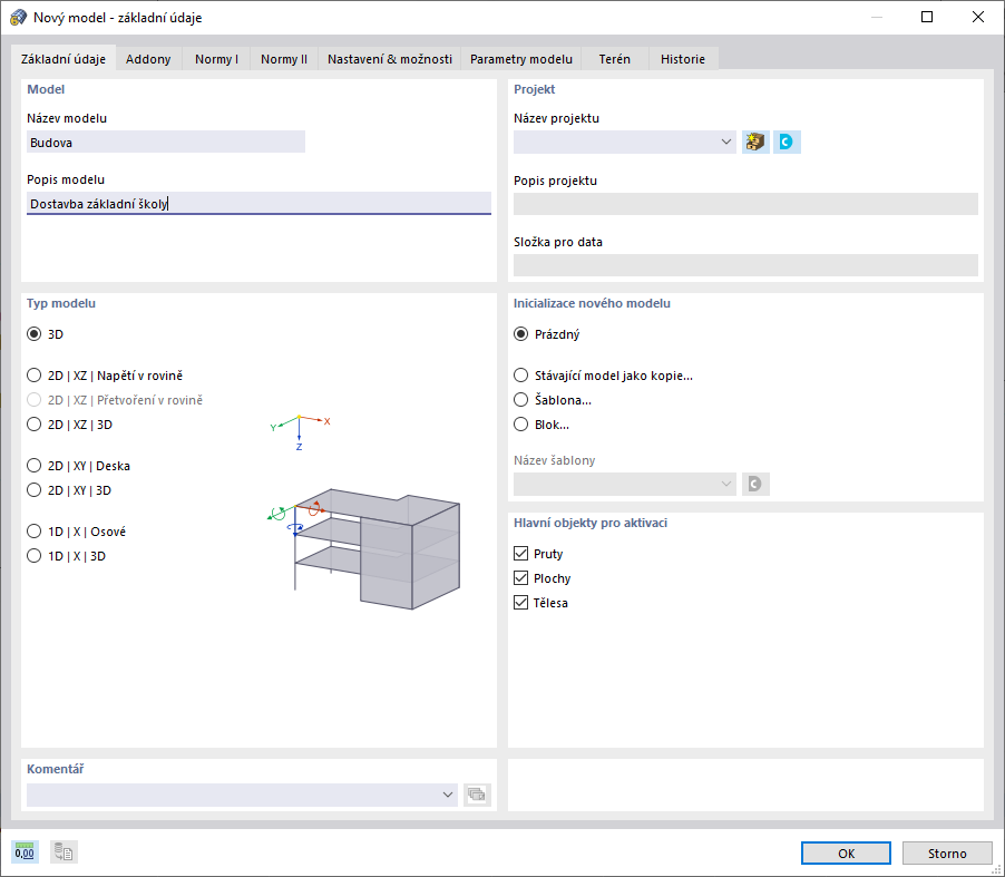 Možnost zvolit typ modelu 1D, 2D či 3D v základních údajích