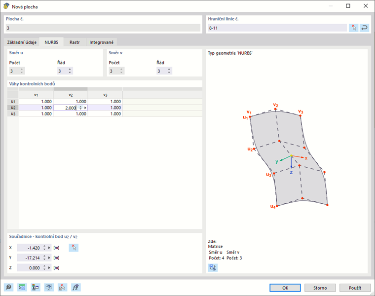 Zadání plochy NURBS