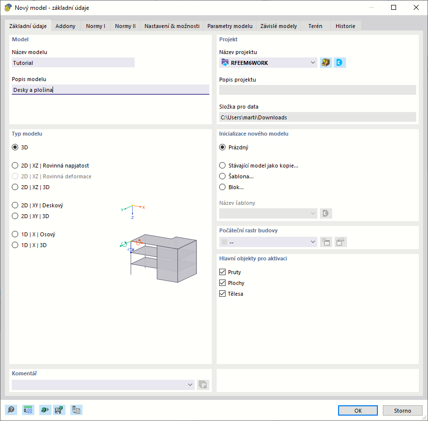 Dialog "Nový model - základní údaje"