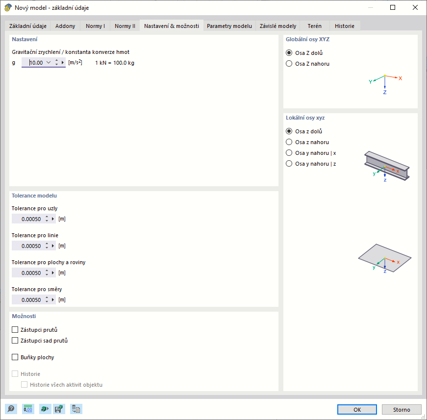 "Nastavení & Možnosti" pro osy a tolerance