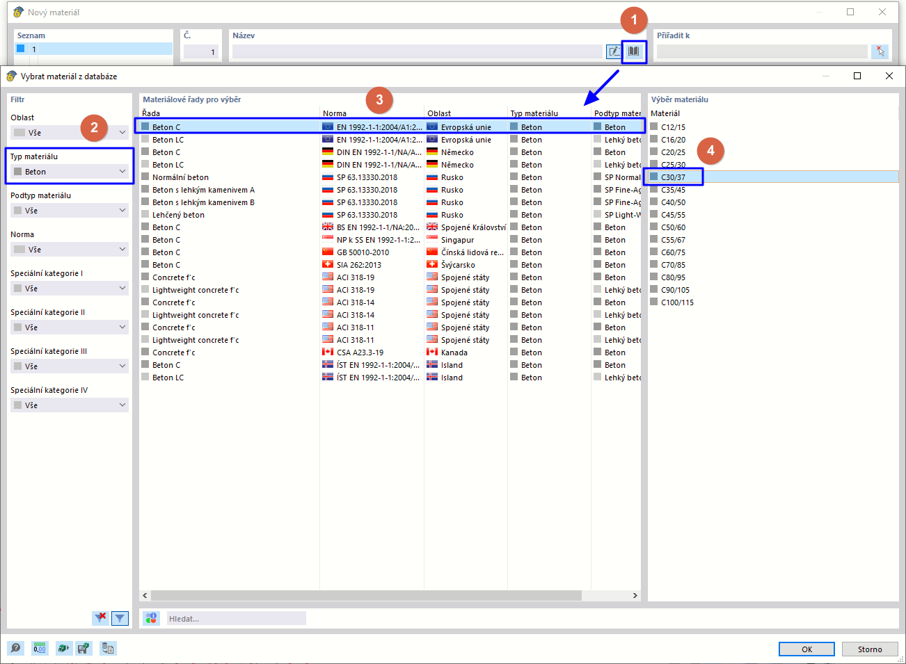 Výběr betonového materiálu z databáze