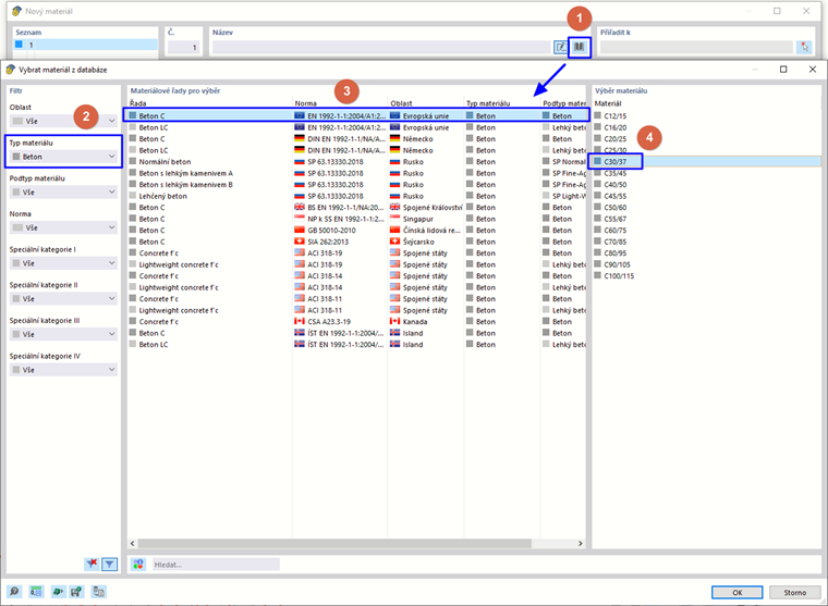 Výběr betonového materiálu z databáze