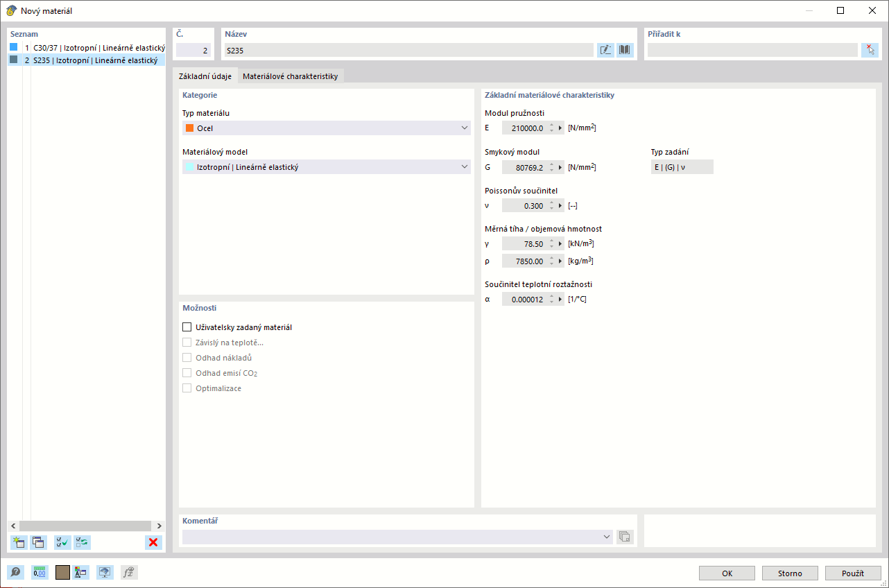 Materiály pro beton a ocel definované v dialogu "Nový materiál"