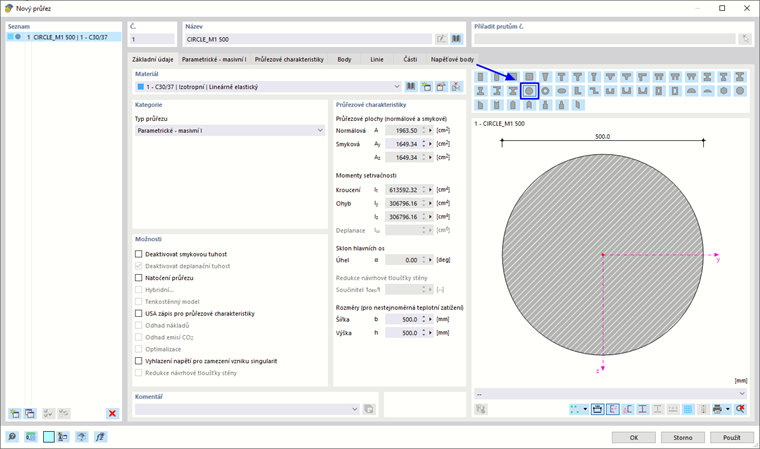Výběr parametrického kruhového průřezu