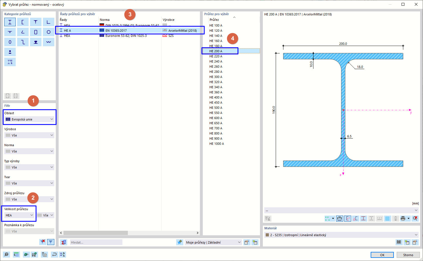 Výběr průřezu HE 200 A v databázi