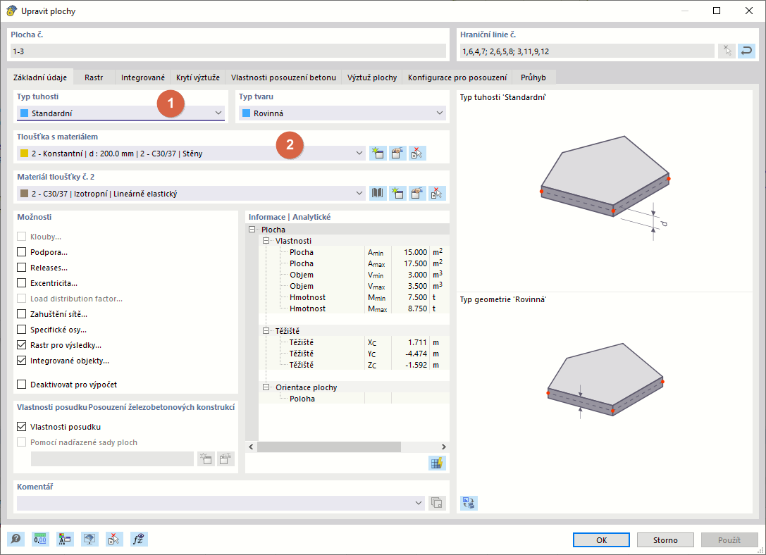 Zadání typů tuhosti a tloušťky pro stěny