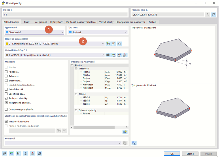 Zadání typů tuhosti a tloušťky pro stěny