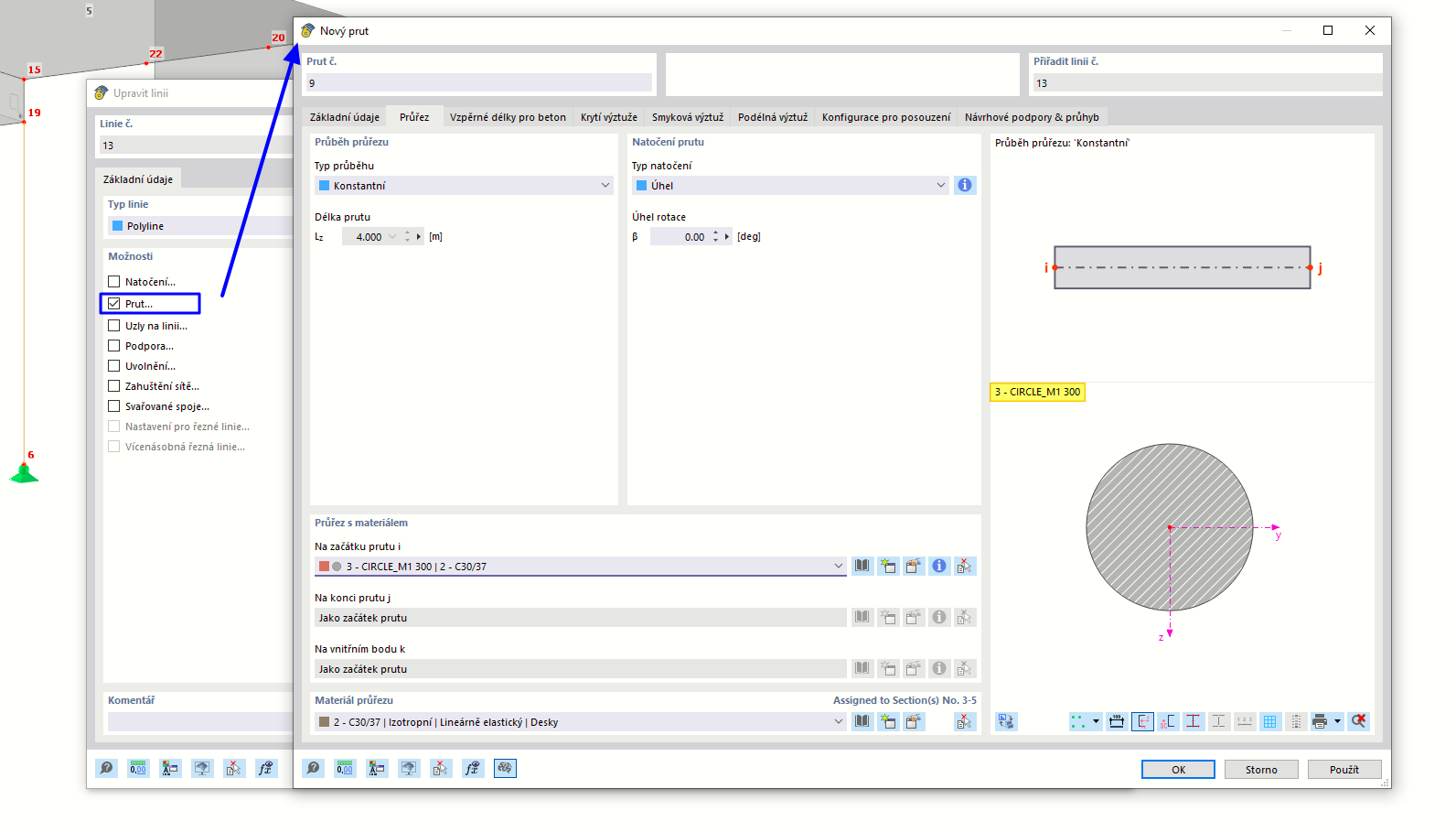 Přiřazení prutu linii