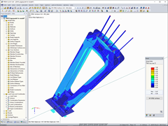 Napětí v oceli lanové kotvy v programu RFEM (© m3-ZT GmbH)