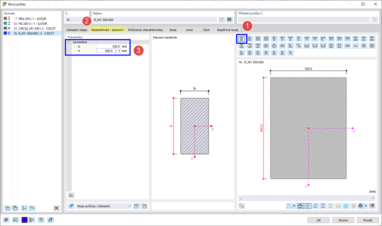 Zadání parametrického obdélníkového průřezu