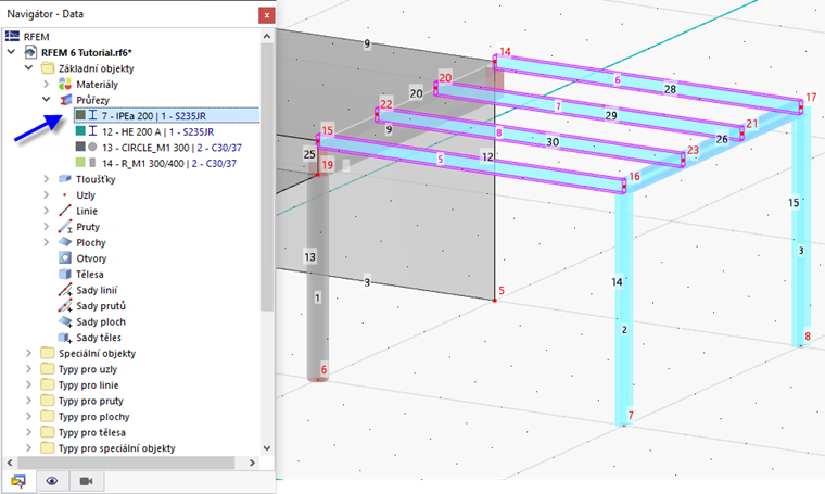 Výběr prutů po řezech v navigátoru