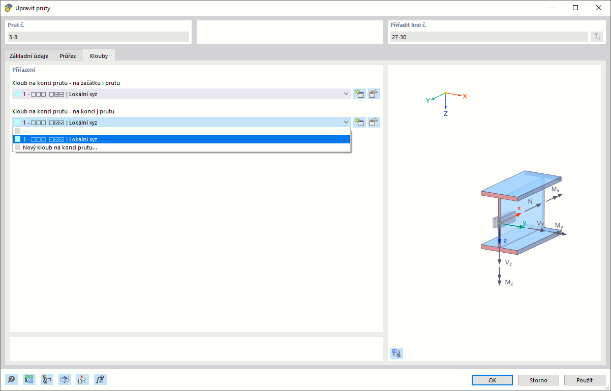 Přiřazení kloubu na konec prutu