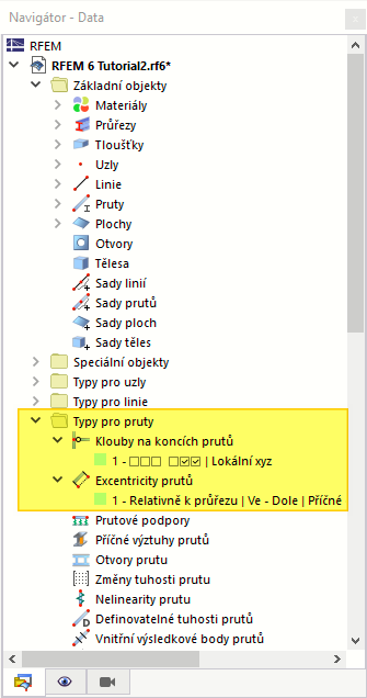 Položky "Typy pro pruty" v navigátoru