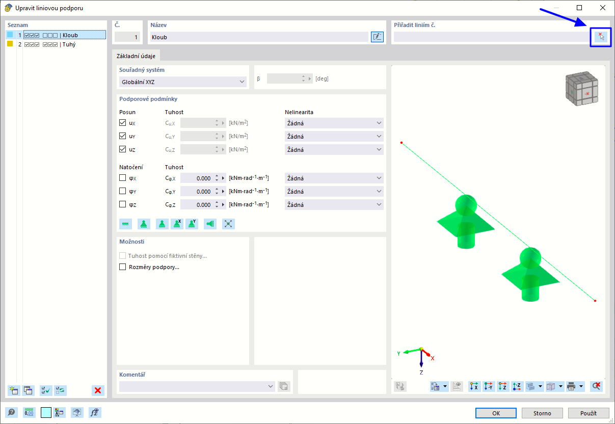 Dialog "Upravit liniovou podporu"
