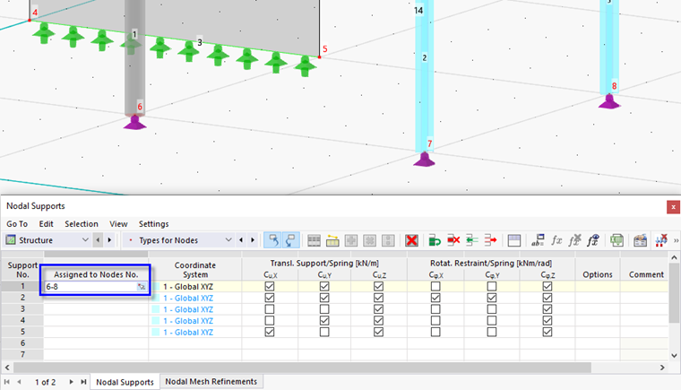 Zadání uzlových podpor v tabulce