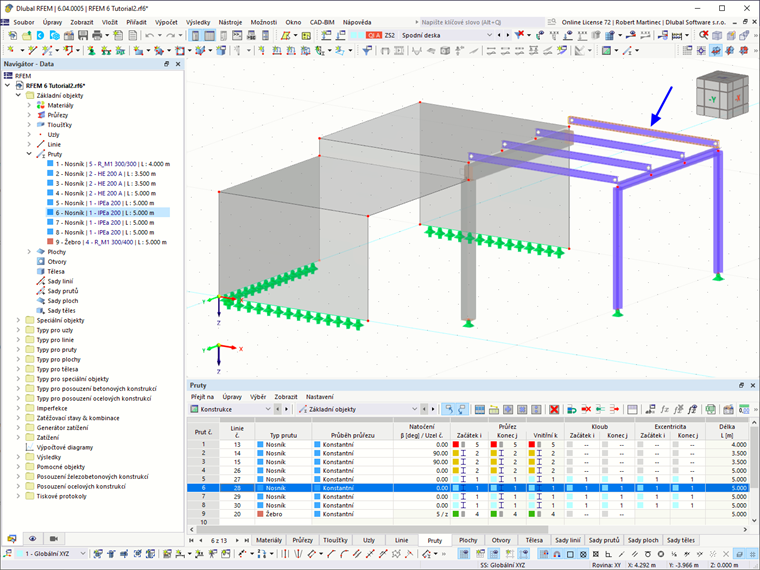 Statický model s vybraným prutem (v navigátoru nebo v tabulce) zvýrazněný v grafice