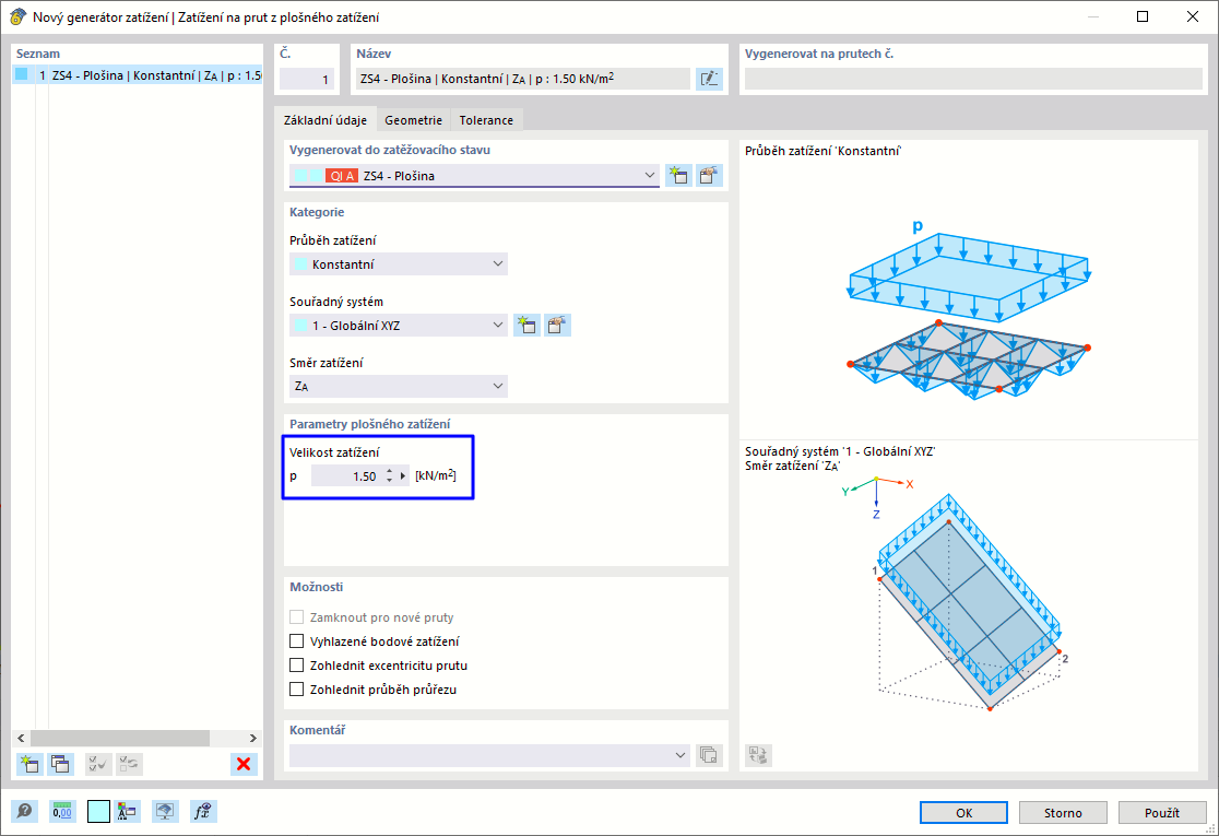Dialog „Nový generátor zatížení“