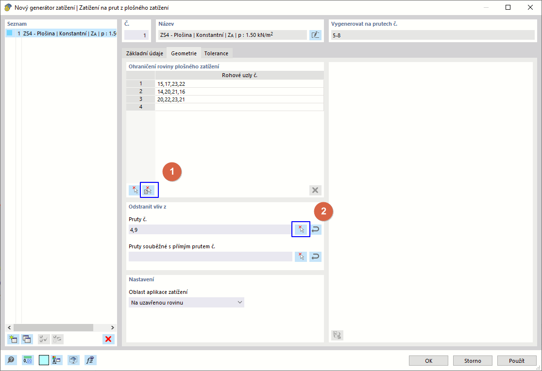 Záložka "Geometrie" s funkcemi pro grafické zadání zatížení