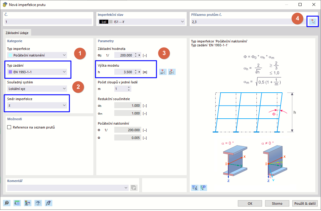 Zadání imperfekcí počátečního naklonění ocelových sloupů