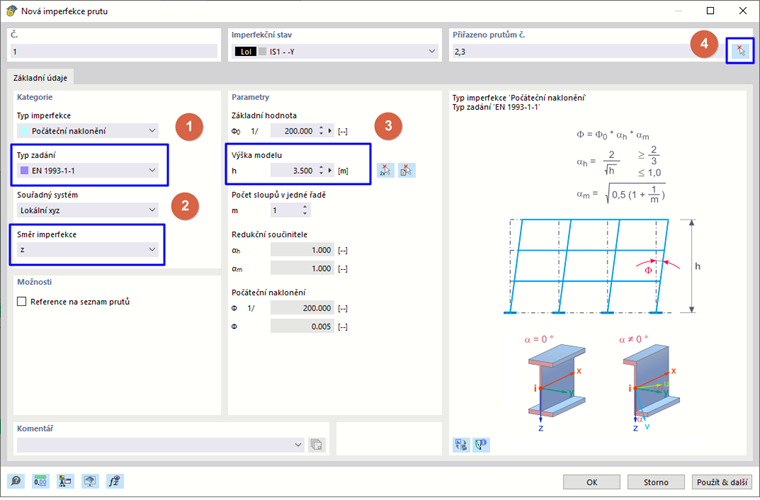 Zadání imperfekcí počátečního naklonění ocelových sloupů