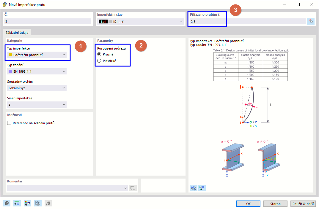 Zadání imperfekcí počátečního prohnutí ocelových sloupů