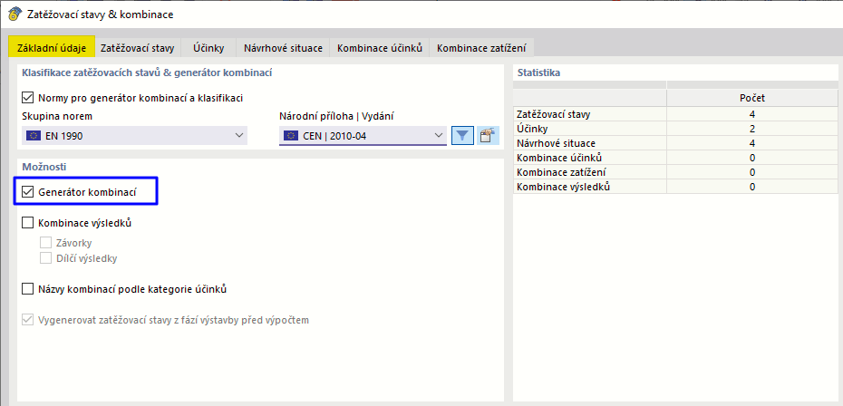 V záložce "Základ" byl aktivován generátor kombinací