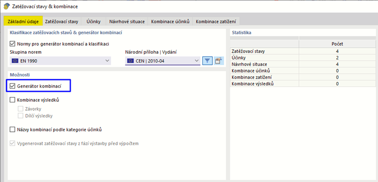 V záložce "Základ" byl aktivován generátor kombinací