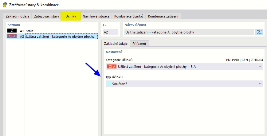 Typ účinku "Současně" pro vynucená zatížení