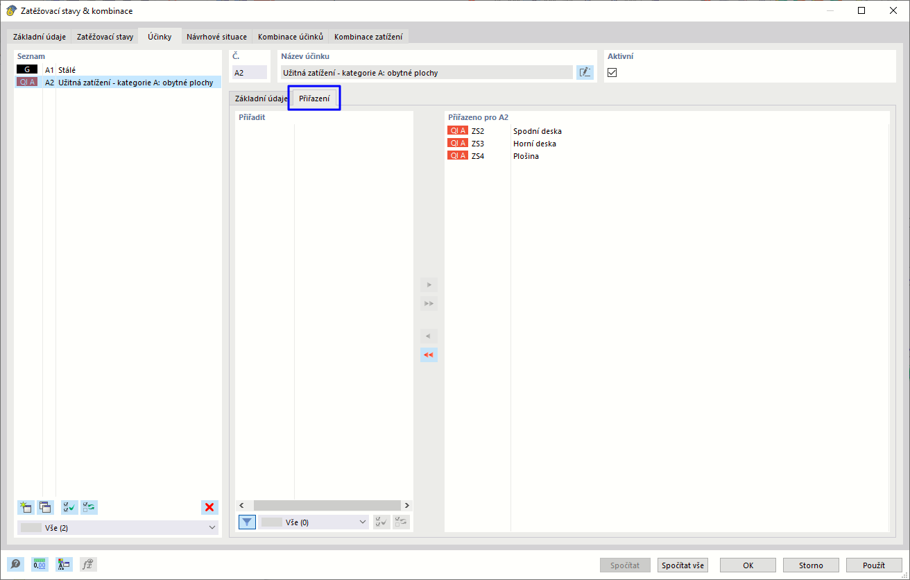 Záložka 'Účinky' a podzáložka 'Přiřazení' se zatěžovacími stavy kategorie účinků A2