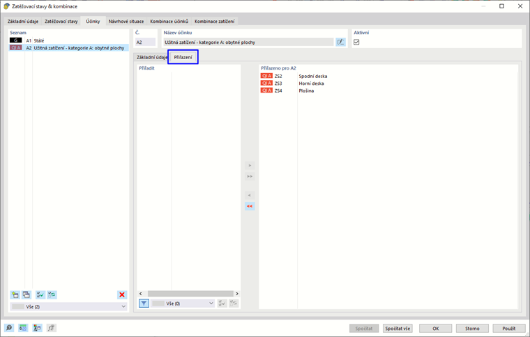 Záložka 'Účinky' a podzáložka 'Přiřazení' se zatěžovacími stavy kategorie účinků A2