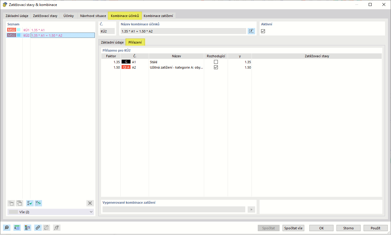 Záložka "Kombinace účinků" a záložka "Přiřazení", kde jsou uvedeny účinky a součinitele AC2