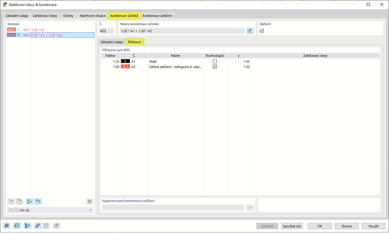 Záložka "Kombinace účinků" a záložka "Přiřazení", kde jsou uvedeny účinky a součinitele AC2