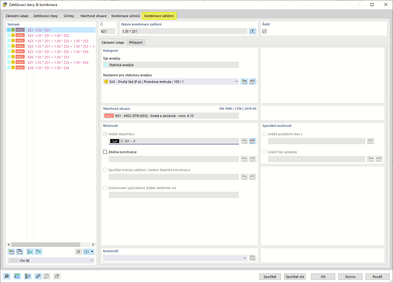 Záložka "Kombinace zatížení"