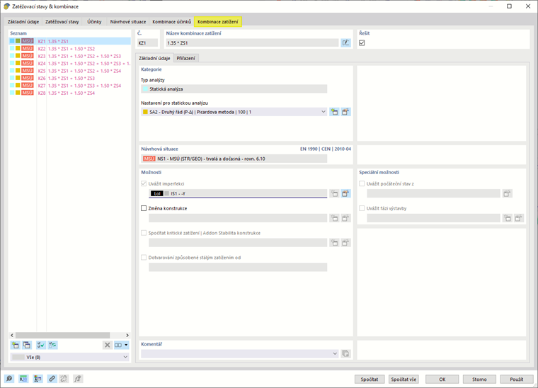 Záložka "Kombinace zatížení"