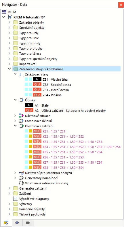 Zatěžovací stavy a kombinace v navigátoru