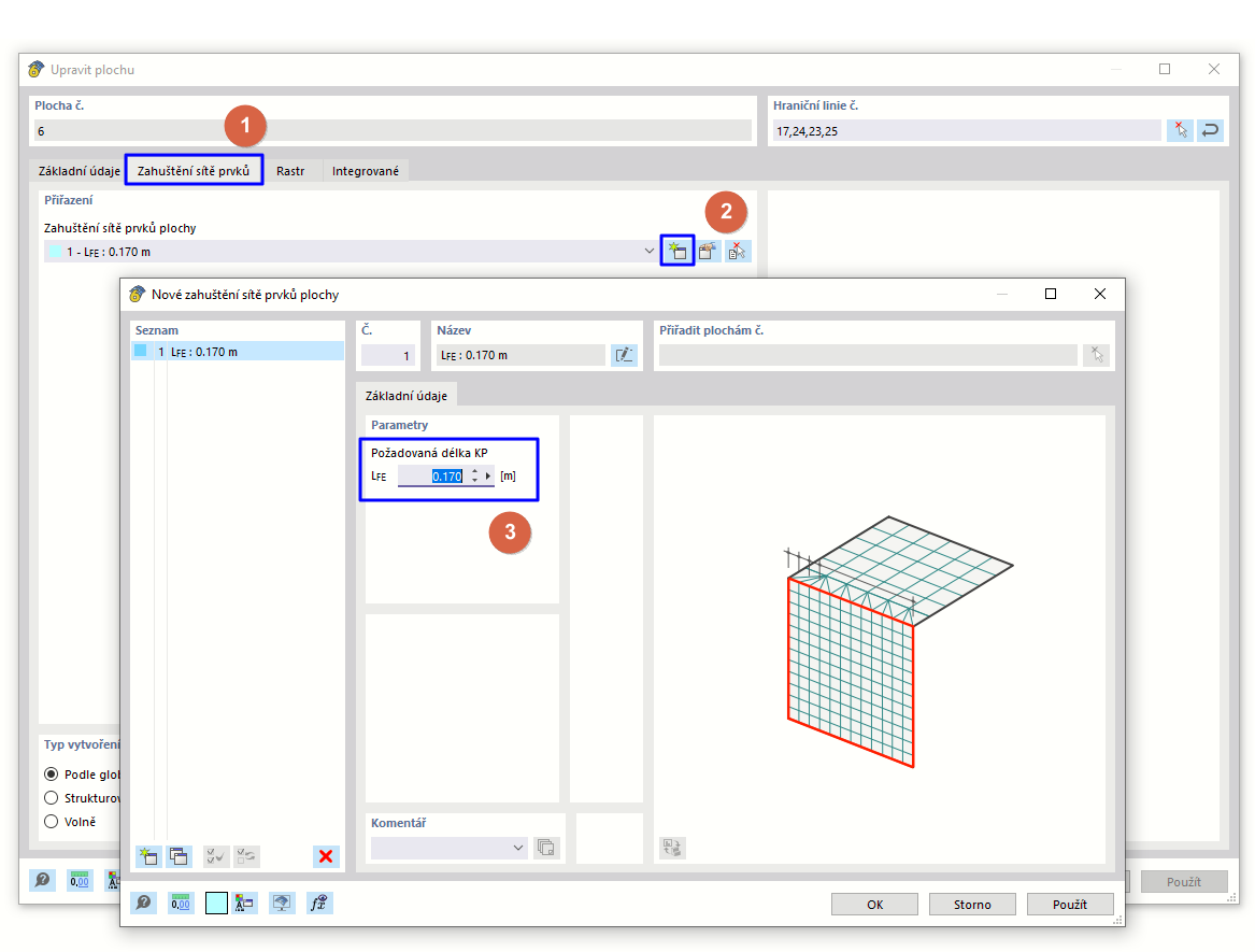 Definice „požadované délky prvku“ pro zahuštění