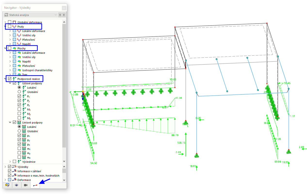 Podpora reakcí uzlů a linií