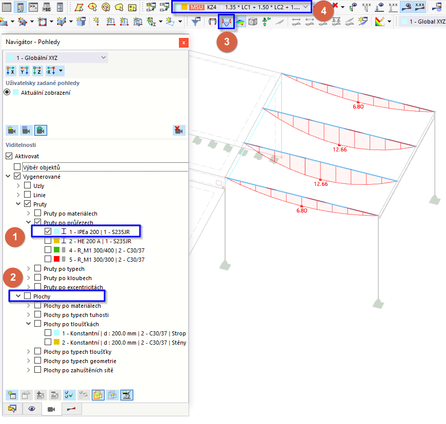 Ohybové momenty nosníků plošiny