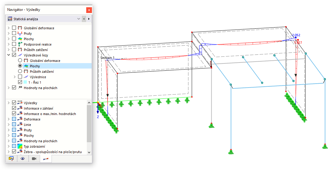 Výsledkový řez s napětími na plochách