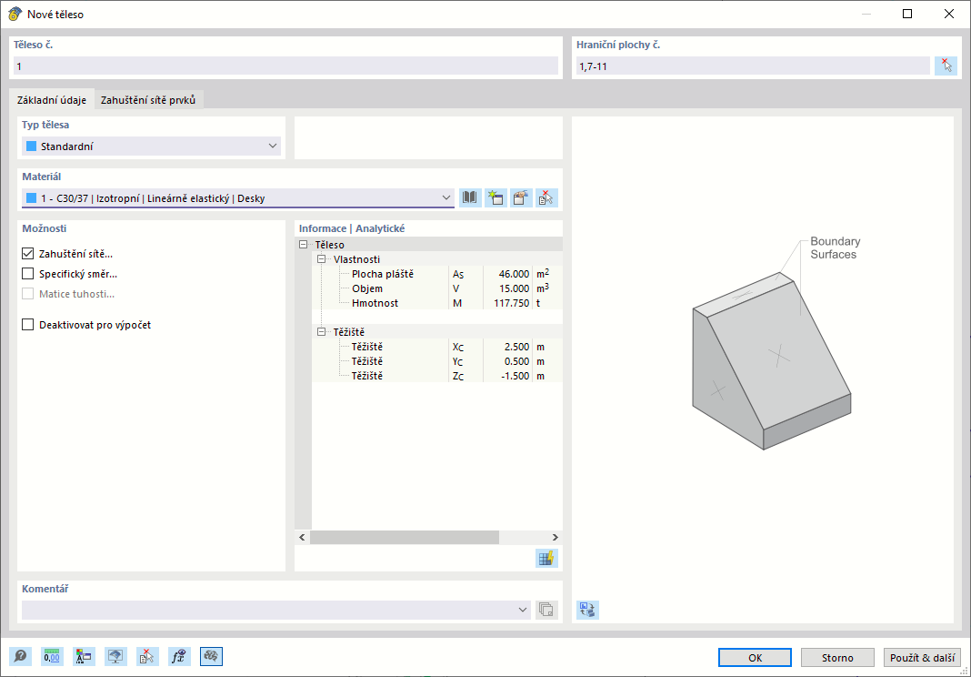 Dialog 'Nové těleso'