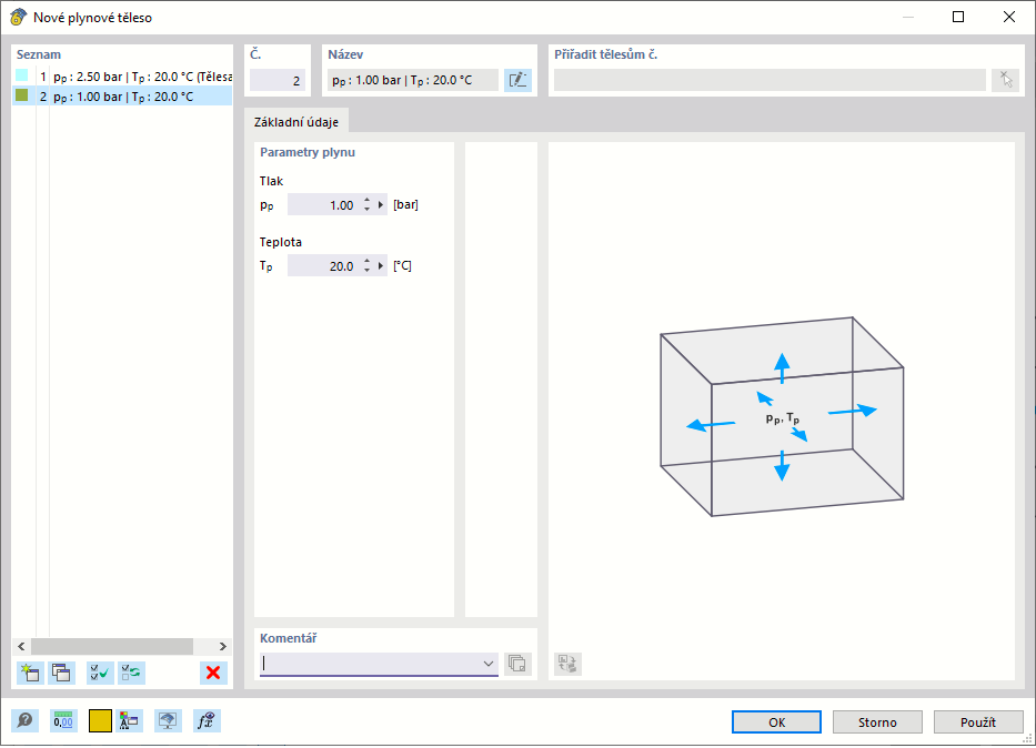 Dialog ' Nové plynové těleso '