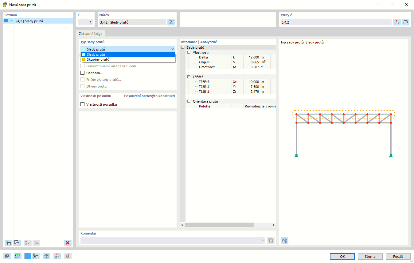 Dialog ' Nová sada prutů '