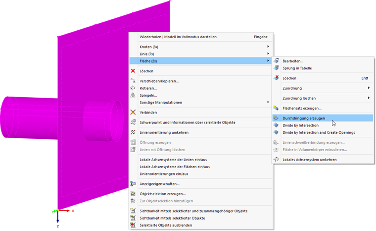 Vytvoření průniku pomocí místní nabídky