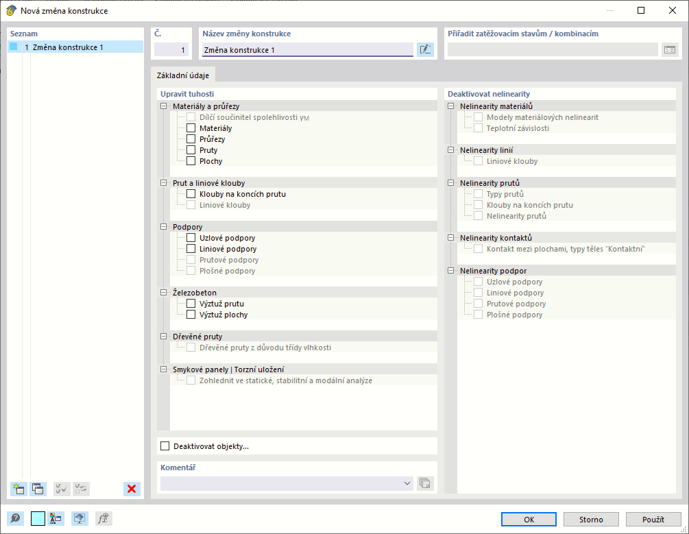 Dialog 'Nová úprava konstrukce'