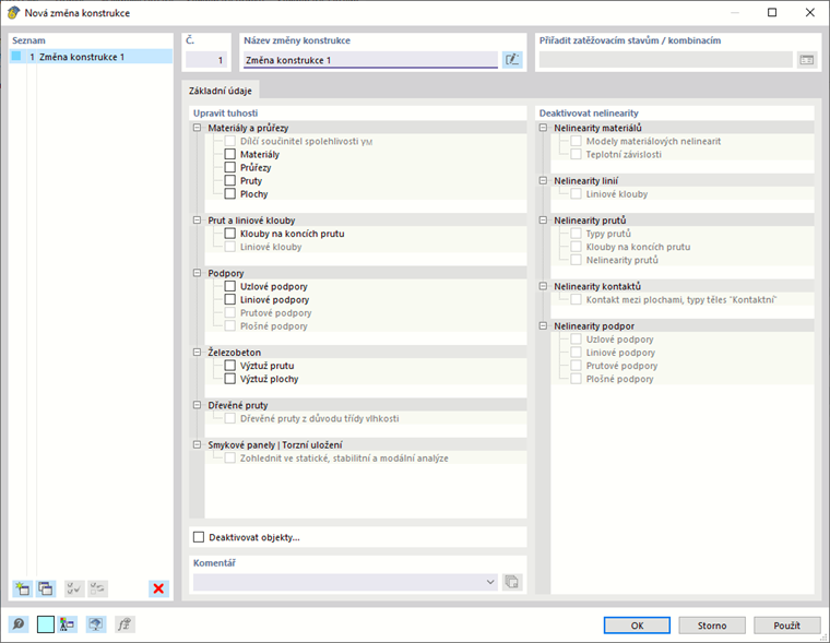 Dialog 'Nová úprava konstrukce'