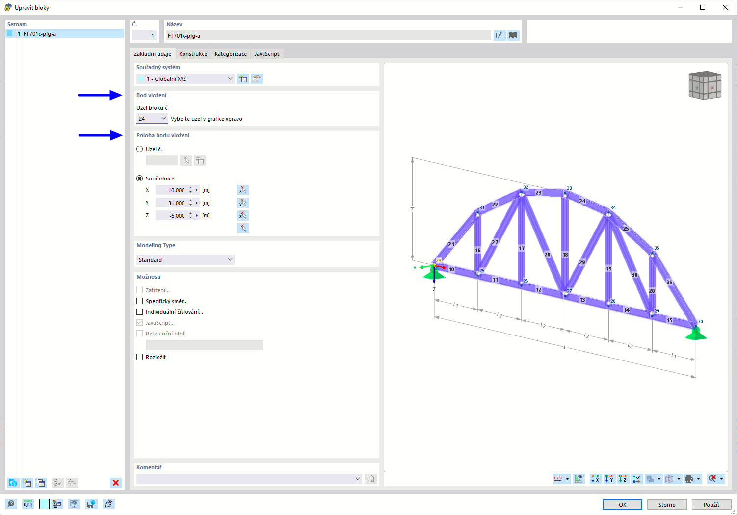 Zadání bodů vložení