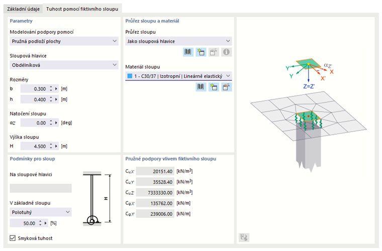 Zadání tuhosti pomocí fiktivního sloupu